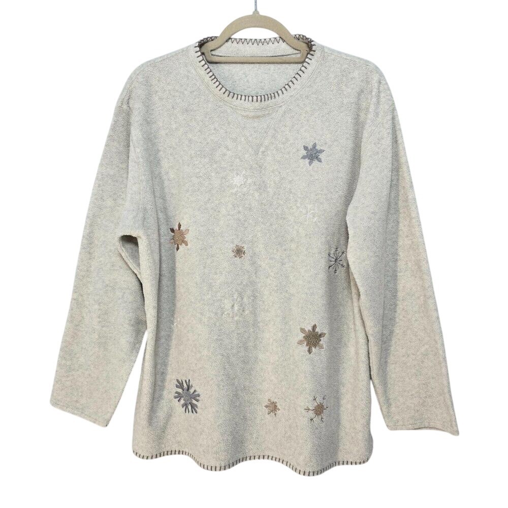 Womens Fleece Snowflake Embroidered Pullover Sweater Gray Round Neck‎ MEDIUM?